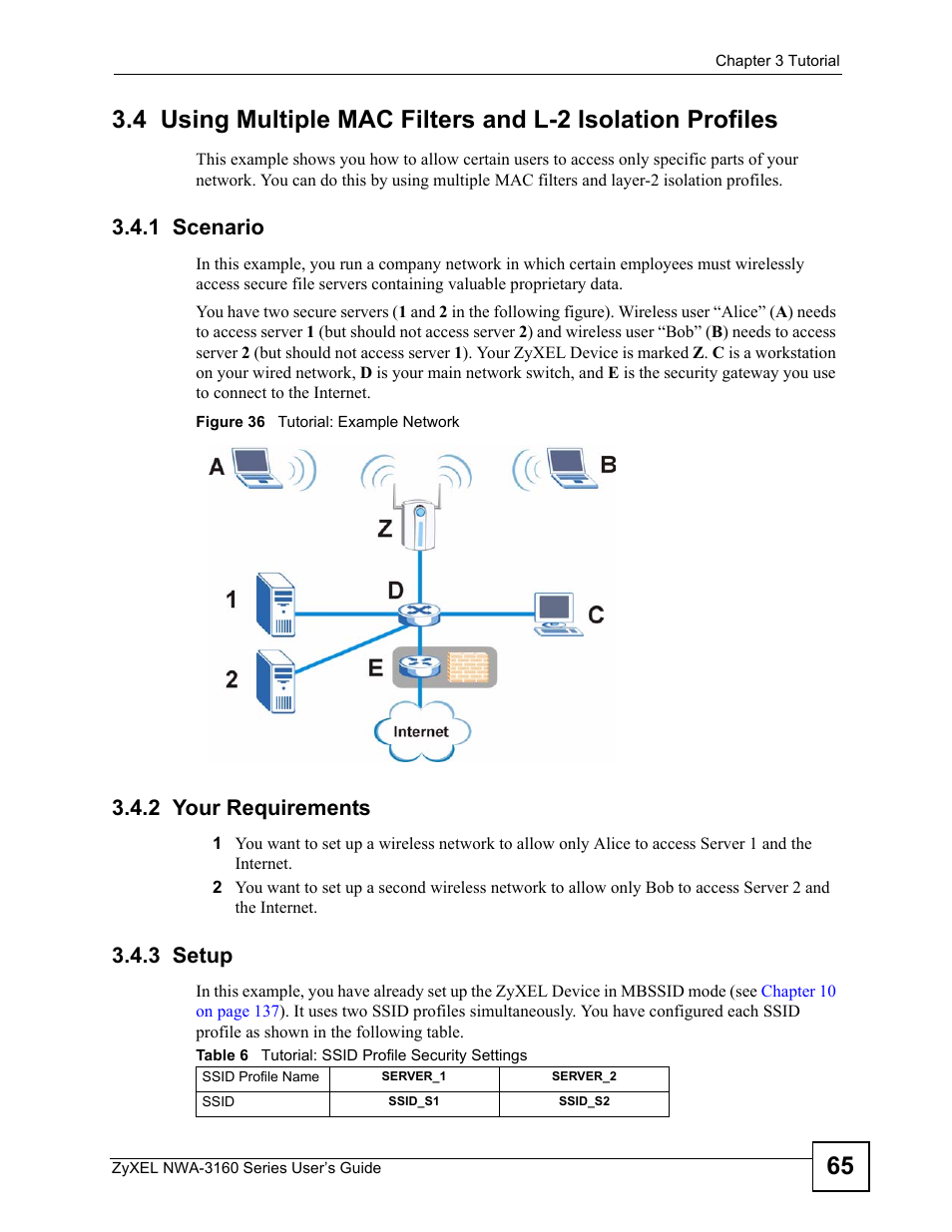 1 scenario, 2 your requirements, 3 setup | 1 scenario 3.4.2 your requirements 3.4.3 setup, Figure 36 tutorial: example network, Table 6 tutorial: ssid profile security settings | ZyXEL Communications NWA3160 User Manual | Page 65 / 314