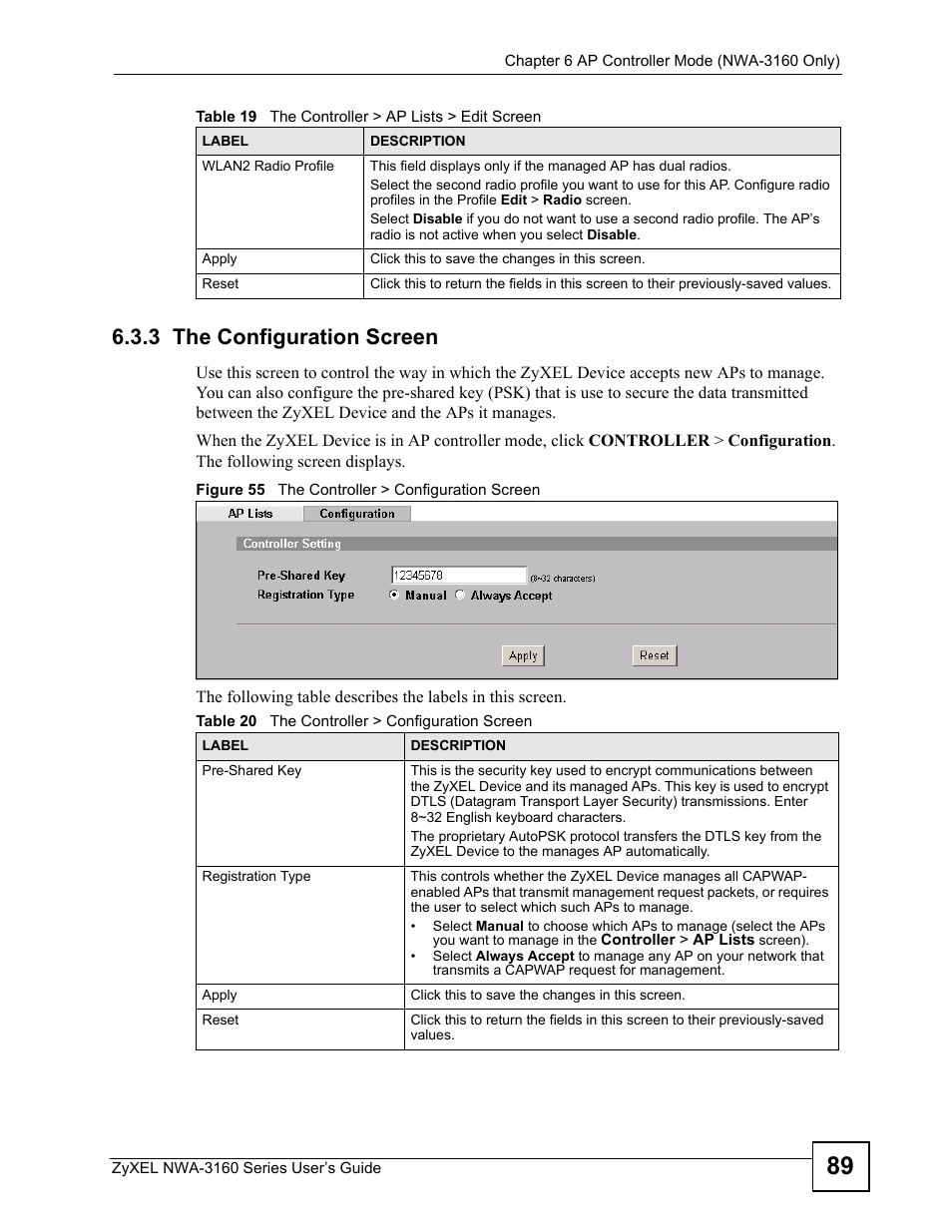 3 the configuration screen, Figure 55 the controller > configuration screen, Table 20 the controller > configuration screen | ZyXEL Communications NWA3160 User Manual | Page 89 / 314