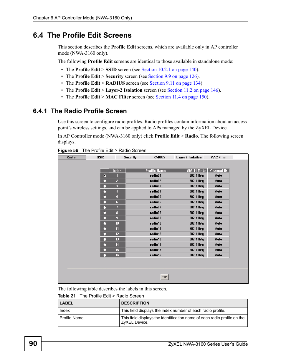 4 the profile edit screens, 1 the radio profile screen, Figure 56 the profile edit > radio screen | Table 21 the profile edit > radio screen, 90 6.4 the profile edit screens | ZyXEL Communications NWA3160 User Manual | Page 90 / 314