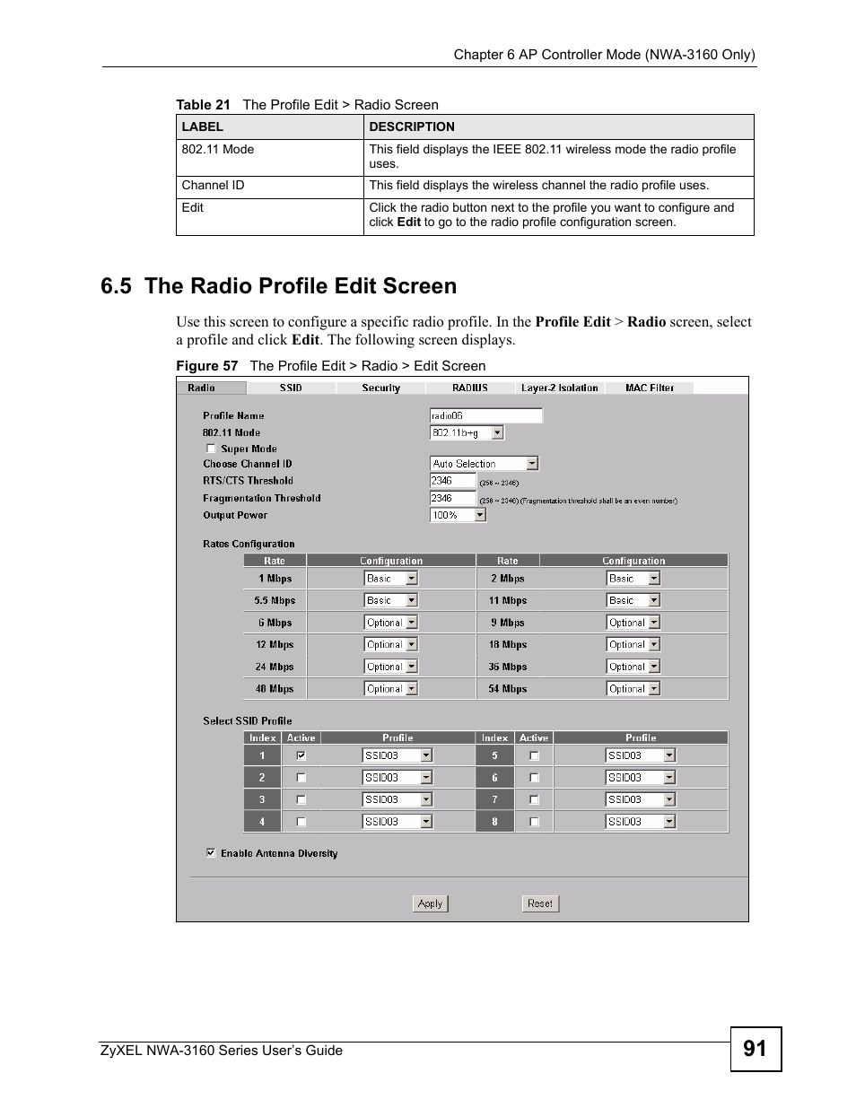 5 the radio profile edit screen, Figure 57 the profile edit > radio > edit screen, 91 6.5 the radio profile edit screen | ZyXEL Communications NWA3160 User Manual | Page 91 / 314