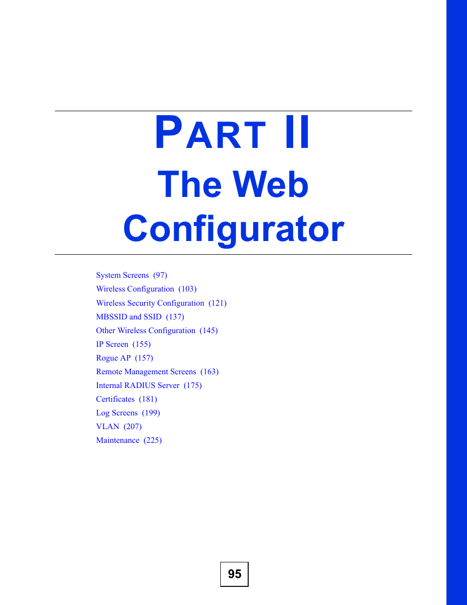 The web configurator, Part ii: the web configurator | ZyXEL Communications NWA3160 User Manual | Page 95 / 314