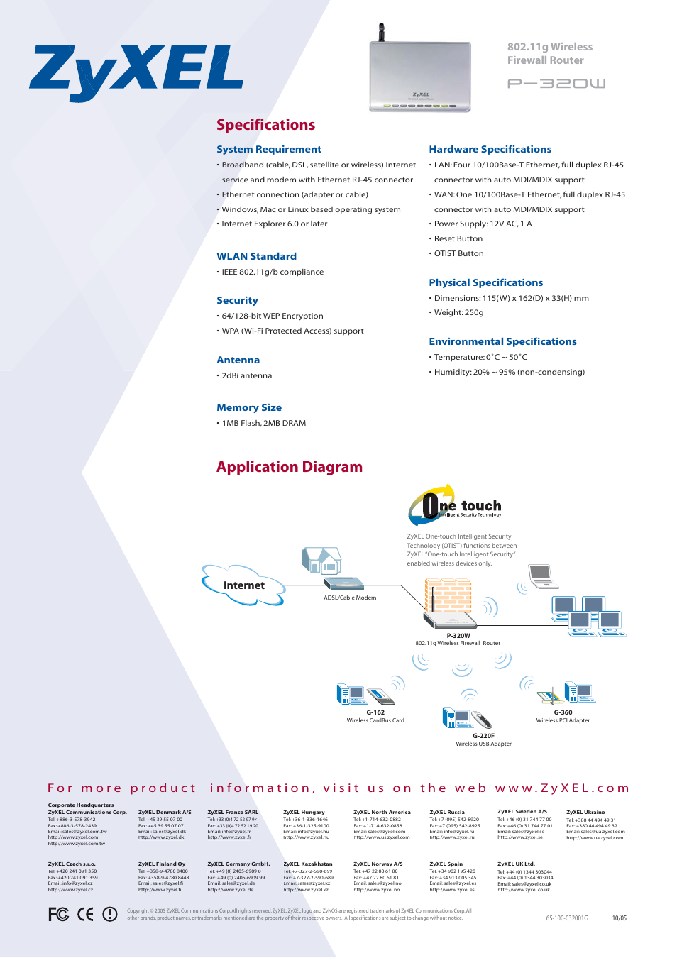 Specifications, Application diagram, Internet | System requirement, Wlan standard, Security, Antenna, Hardware specifications, Physical specifications, Environmental specifications | ZyXEL Communications P-320W User Manual | Page 2 / 2