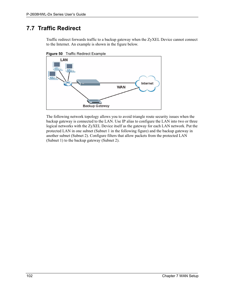 7 traffic redirect, Figure 50 traffic redirect example | ZyXEL Communications P-2608HWL-Dx Series User Manual | Page 102 / 451