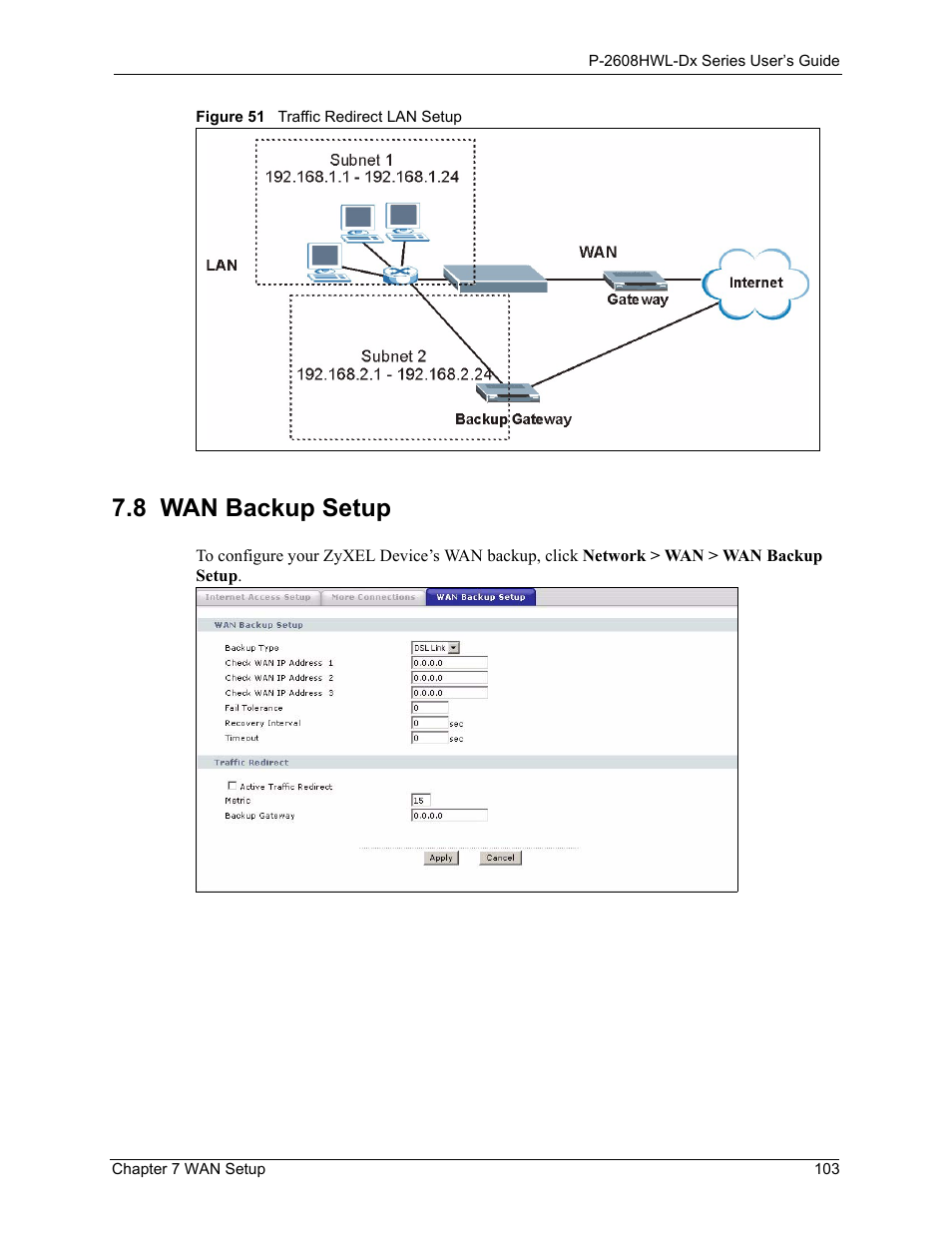 8 wan backup setup, Figure 51 traffic redirect lan setup | ZyXEL Communications P-2608HWL-Dx Series User Manual | Page 103 / 451