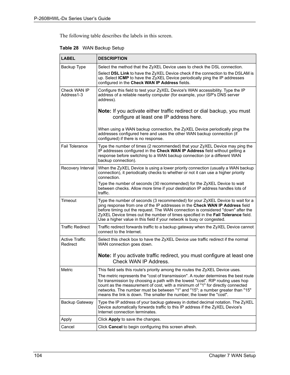 Table 28 wan backup setup | ZyXEL Communications P-2608HWL-Dx Series User Manual | Page 104 / 451