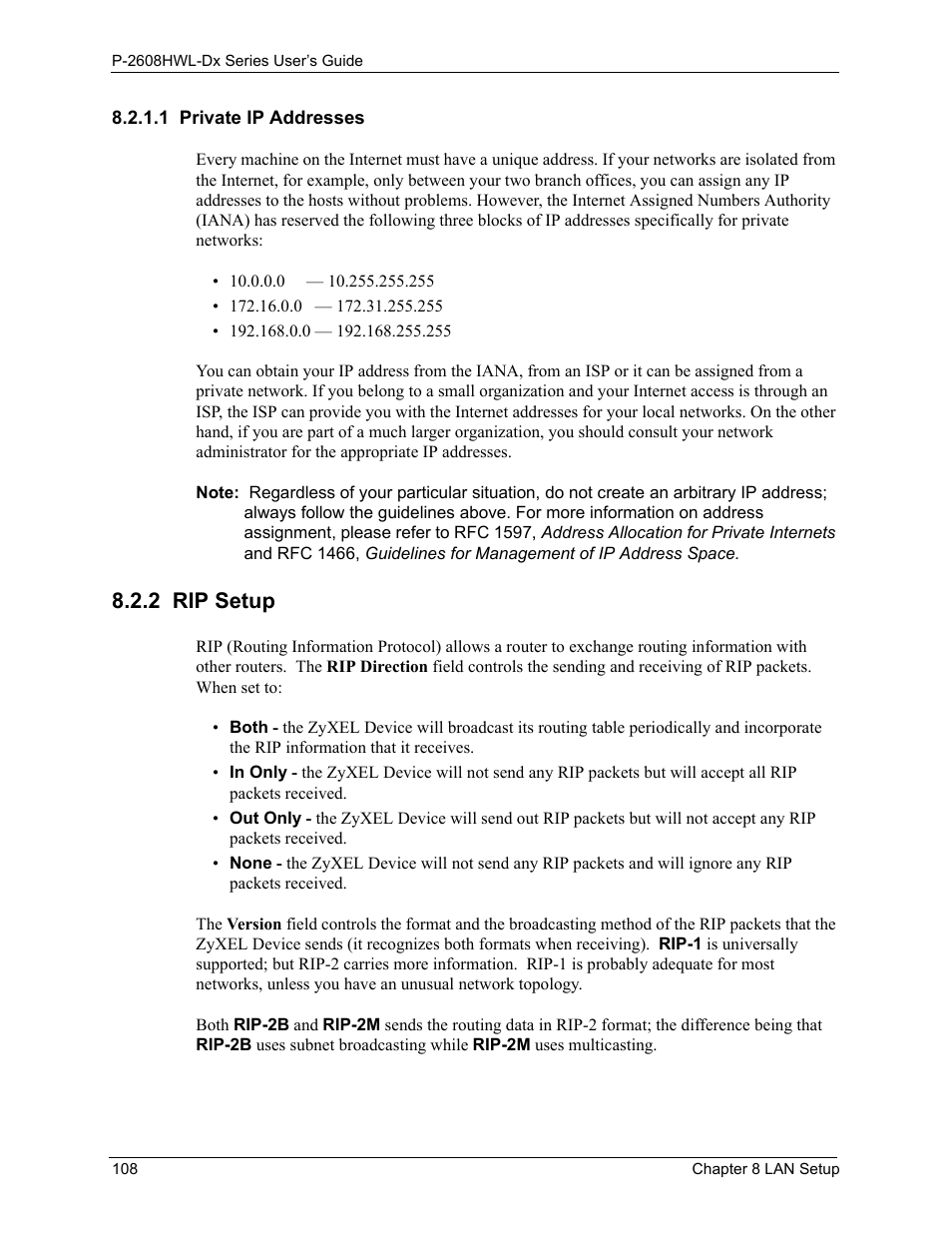 1 private ip addresses, 2 rip setup | ZyXEL Communications P-2608HWL-Dx Series User Manual | Page 108 / 451