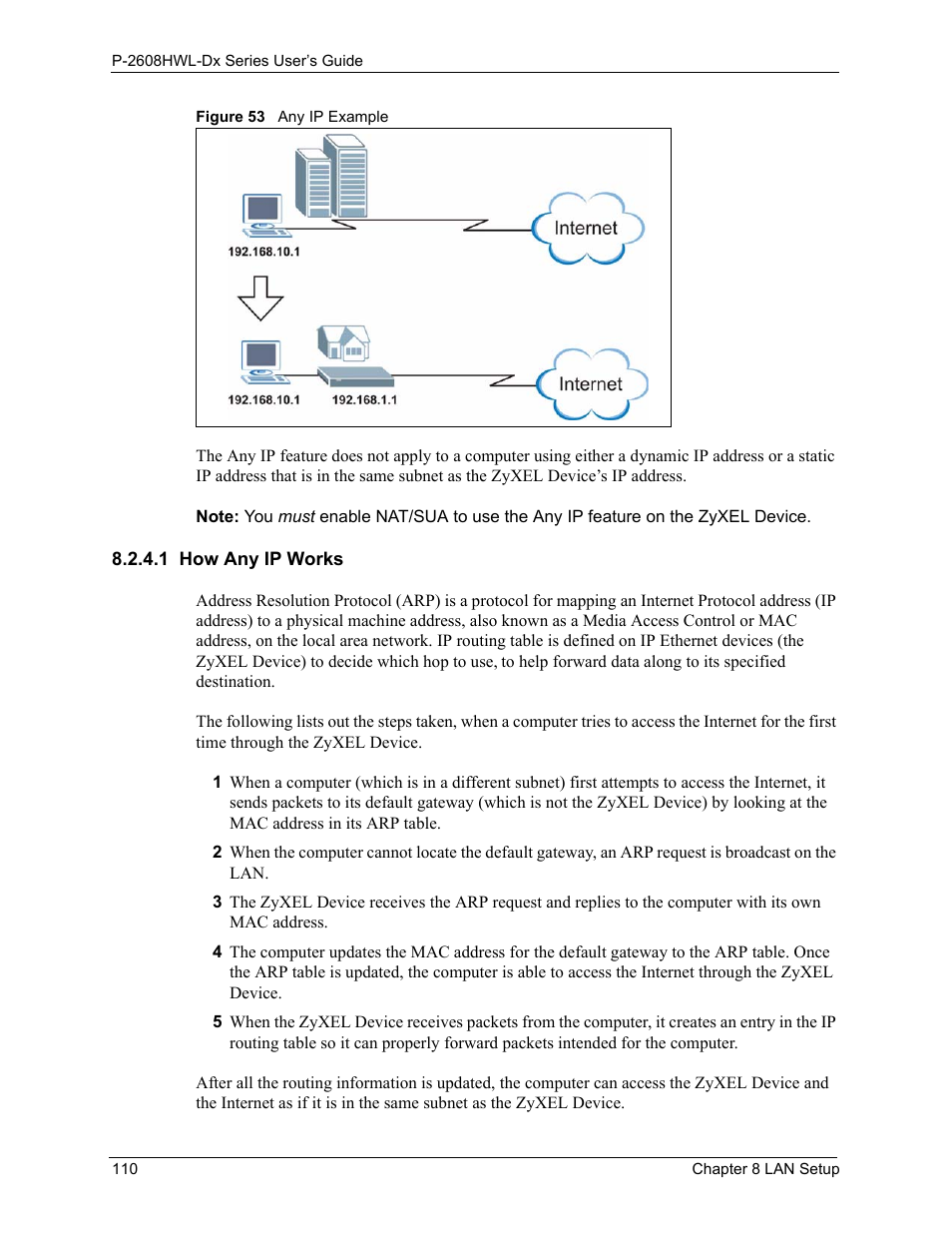 1 how any ip works, Figure 53 any ip example | ZyXEL Communications P-2608HWL-Dx Series User Manual | Page 110 / 451