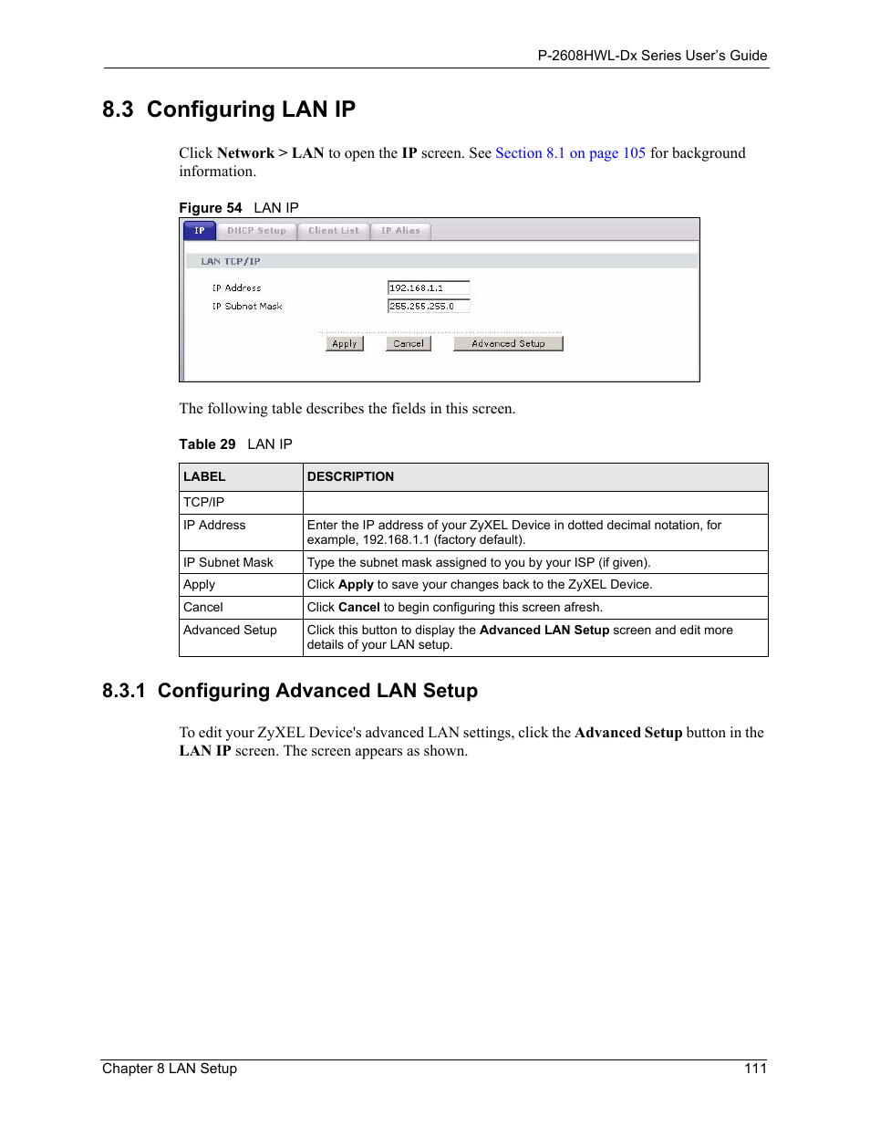 3 configuring lan ip, 1 configuring advanced lan setup, Figure 54 lan ip | Table 29 lan ip | ZyXEL Communications P-2608HWL-Dx Series User Manual | Page 111 / 451