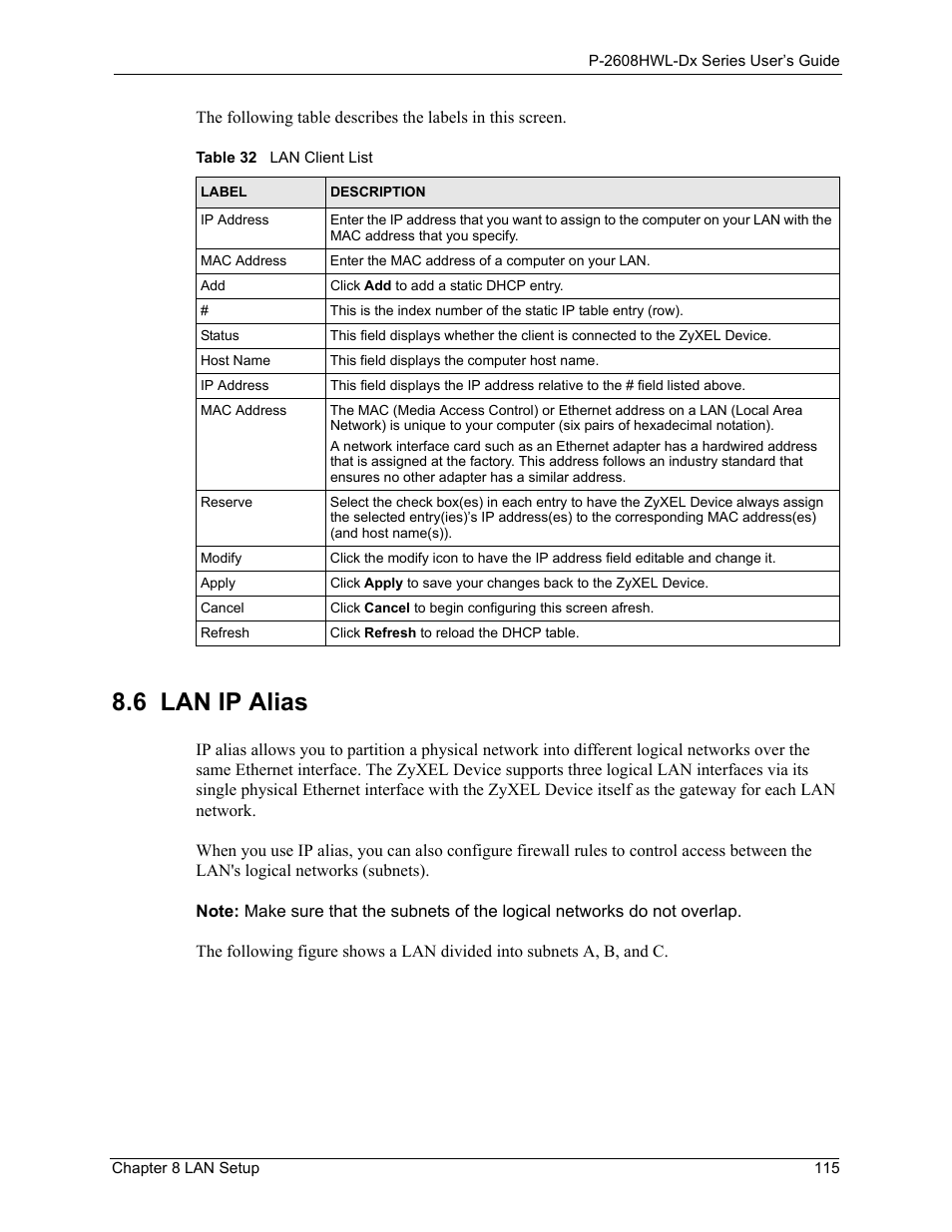 6 lan ip alias, Table 32 lan client list | ZyXEL Communications P-2608HWL-Dx Series User Manual | Page 115 / 451