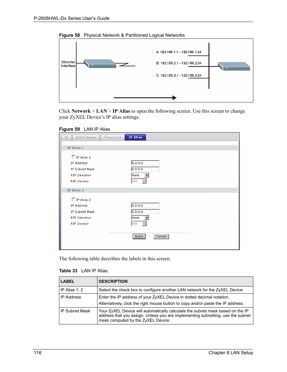 Table 33 lan ip alias | ZyXEL Communications P-2608HWL-Dx Series User Manual | Page 116 / 451