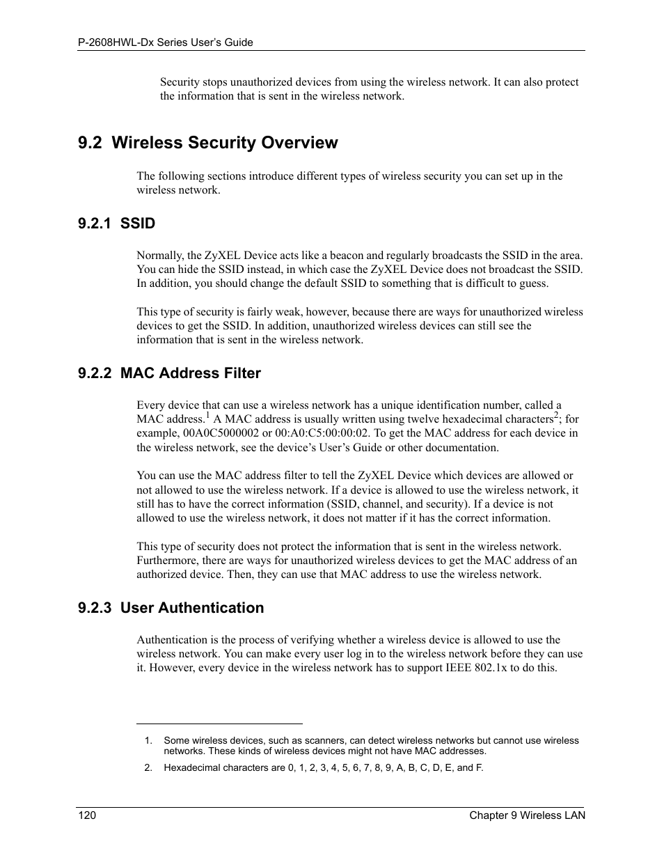 2 wireless security overview, 1 ssid, 2 mac address filter | 3 user authentication | ZyXEL Communications P-2608HWL-Dx Series User Manual | Page 120 / 451