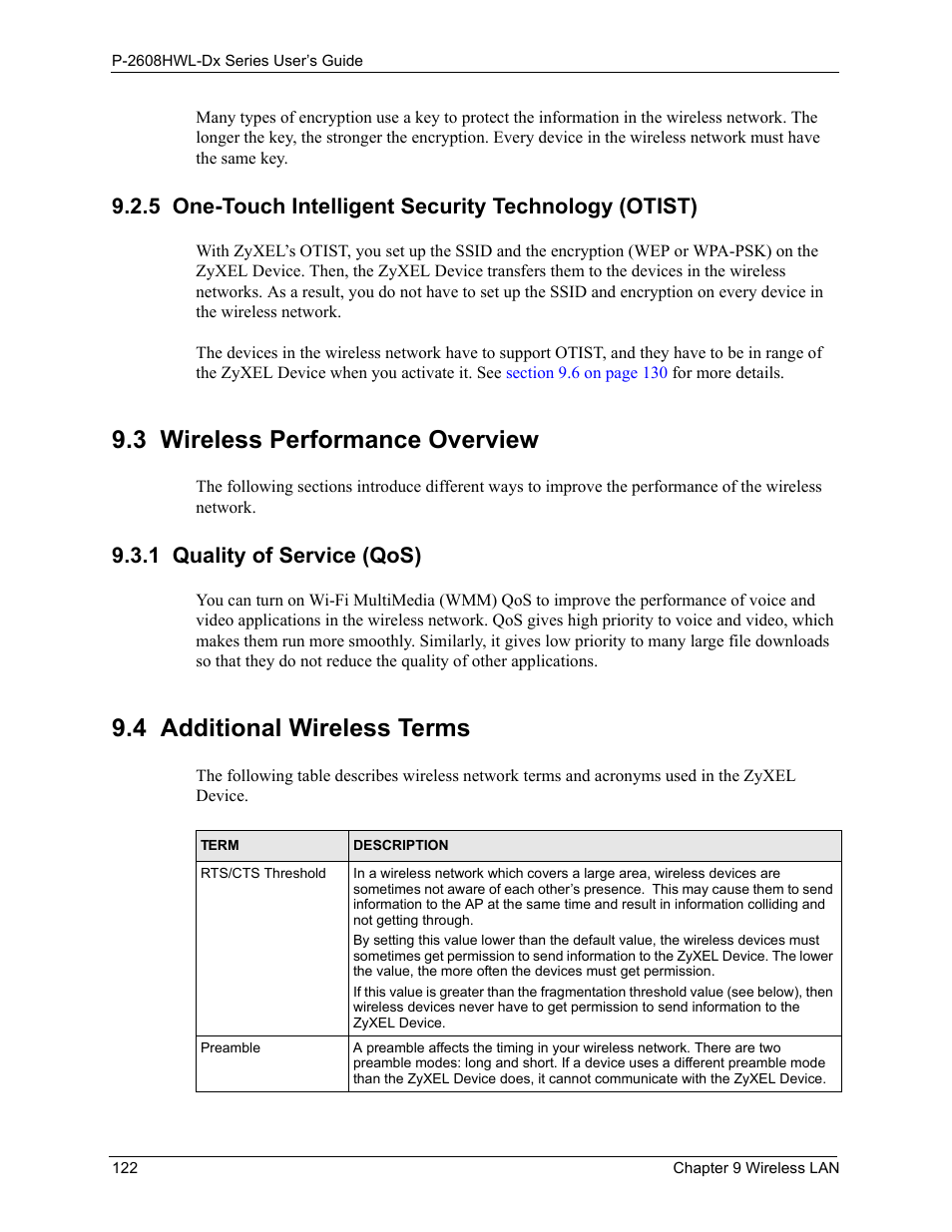 3 wireless performance overview, 1 quality of service (qos), 4 additional wireless terms | ZyXEL Communications P-2608HWL-Dx Series User Manual | Page 122 / 451