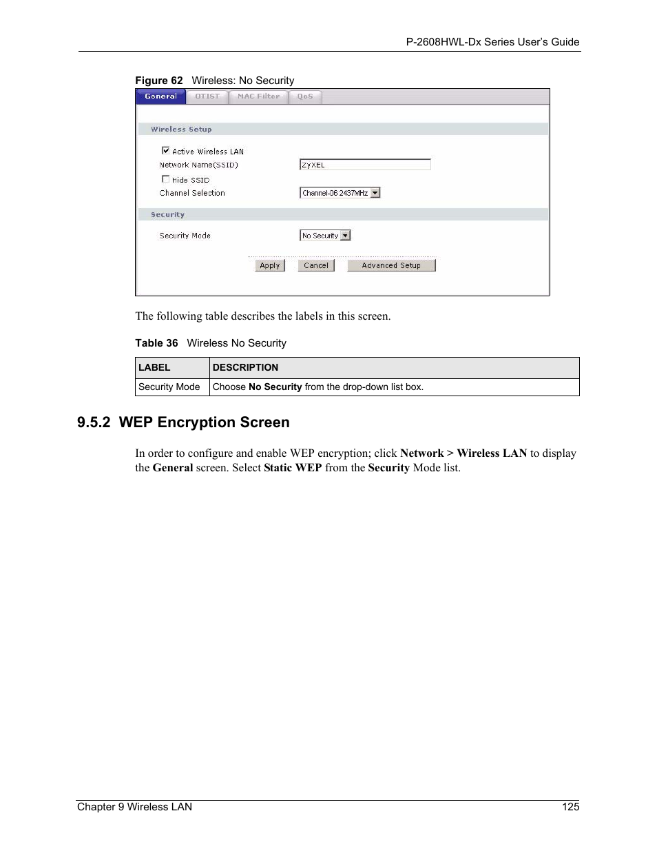 2 wep encryption screen, Figure 62 wireless: no security, Table 36 wireless no security | ZyXEL Communications P-2608HWL-Dx Series User Manual | Page 125 / 451