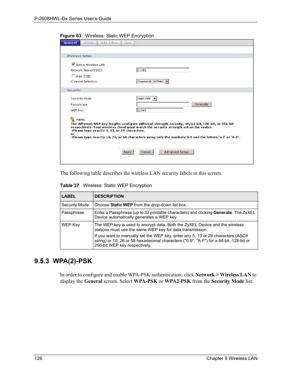 3 wpa(2)-psk, Figure 63 wireless: static wep encryption, Table 37 wireless: static wep encryption | ZyXEL Communications P-2608HWL-Dx Series User Manual | Page 126 / 451