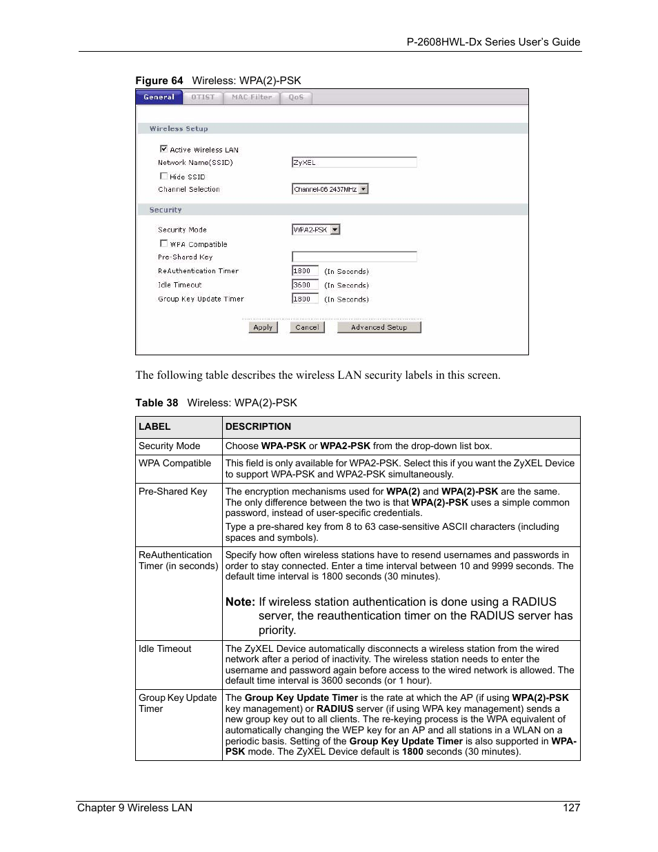 Figure 64 wireless: wpa(2)-psk, Table 38 wireless: wpa(2)-psk | ZyXEL Communications P-2608HWL-Dx Series User Manual | Page 127 / 451