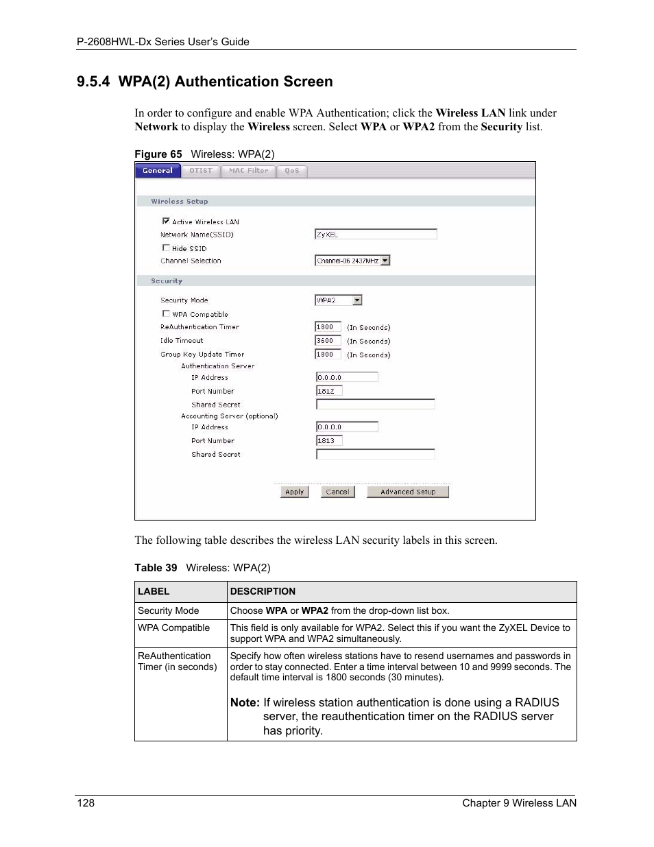 4 wpa(2) authentication screen, Figure 65 wireless: wpa(2), Table 39 wireless: wpa(2) | ZyXEL Communications P-2608HWL-Dx Series User Manual | Page 128 / 451