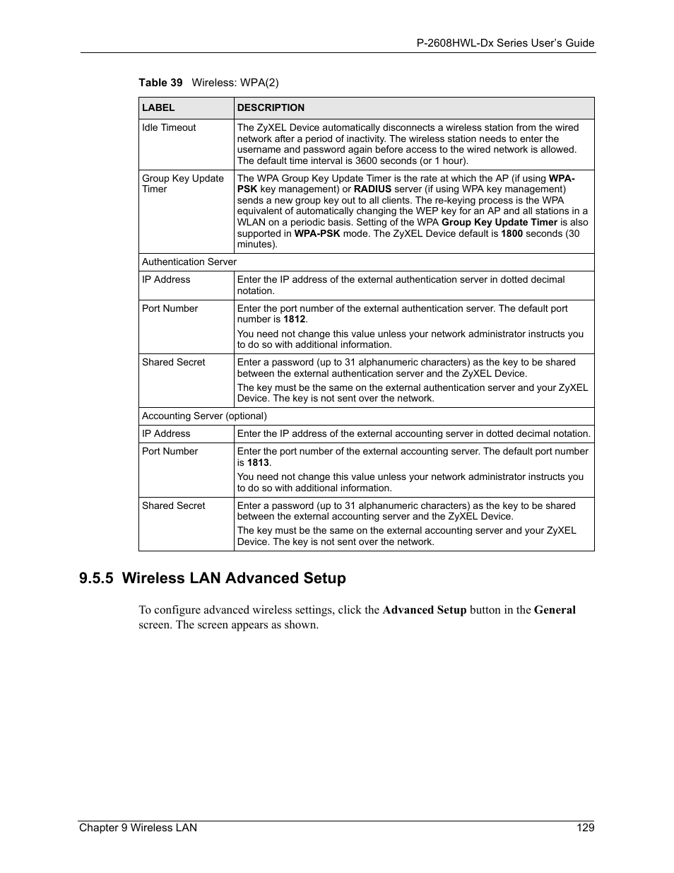5 wireless lan advanced setup | ZyXEL Communications P-2608HWL-Dx Series User Manual | Page 129 / 451