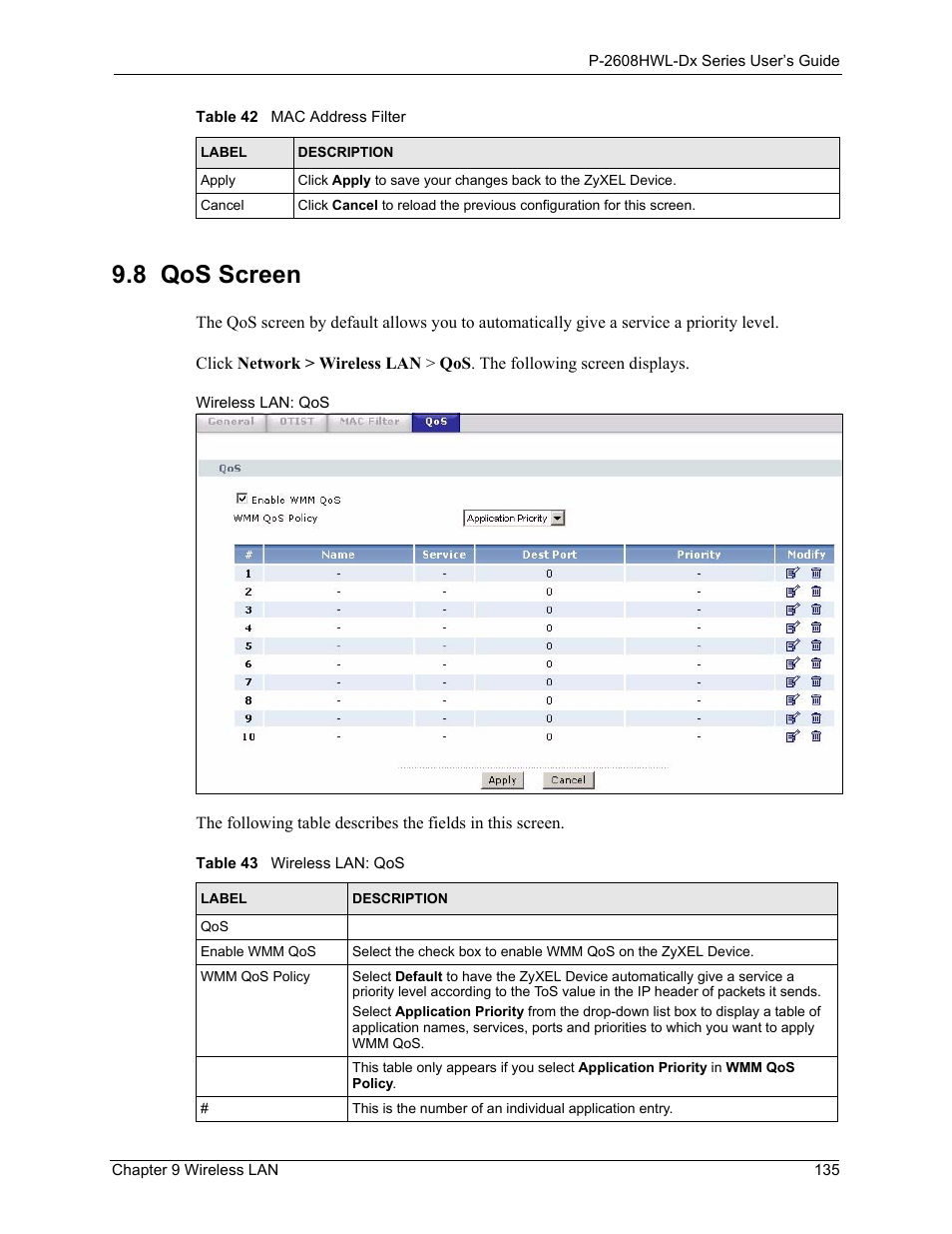 8 qos screen, Table 43 wireless lan: qos | ZyXEL Communications P-2608HWL-Dx Series User Manual | Page 135 / 451