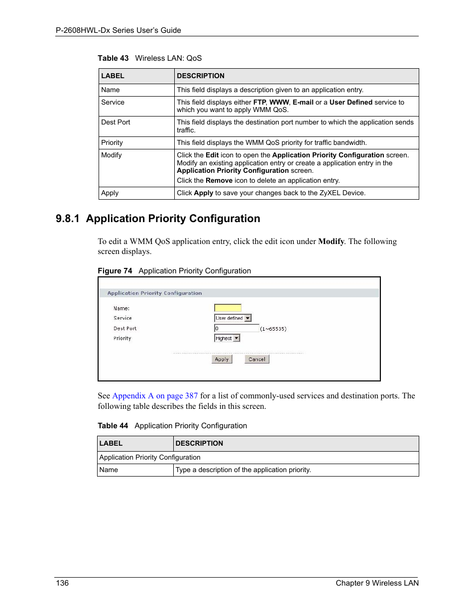 1 application priority configuration, Figure 74 application priority configuration, Table 44 application priority configuration | ZyXEL Communications P-2608HWL-Dx Series User Manual | Page 136 / 451