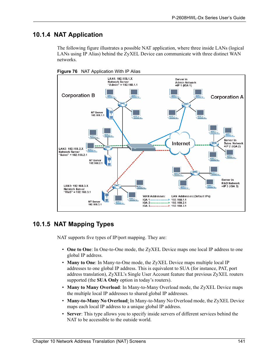 4 nat application, 5 nat mapping types, 4 nat application 10.1.5 nat mapping types | Figure 76 nat application with ip alias | ZyXEL Communications P-2608HWL-Dx Series User Manual | Page 141 / 451