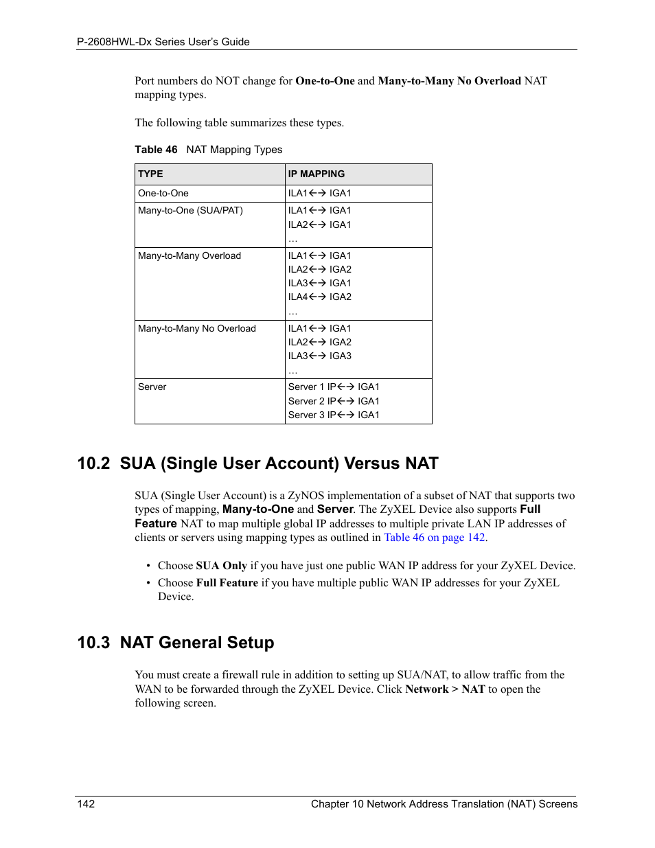 2 sua (single user account) versus nat, 3 nat general setup, Table 46 nat mapping types | ZyXEL Communications P-2608HWL-Dx Series User Manual | Page 142 / 451