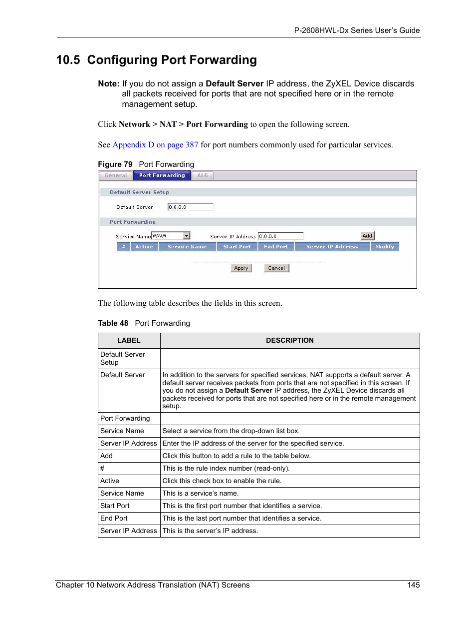 5 configuring port forwarding, Figure 79 port forwarding, Table 48 port forwarding | ZyXEL Communications P-2608HWL-Dx Series User Manual | Page 145 / 451