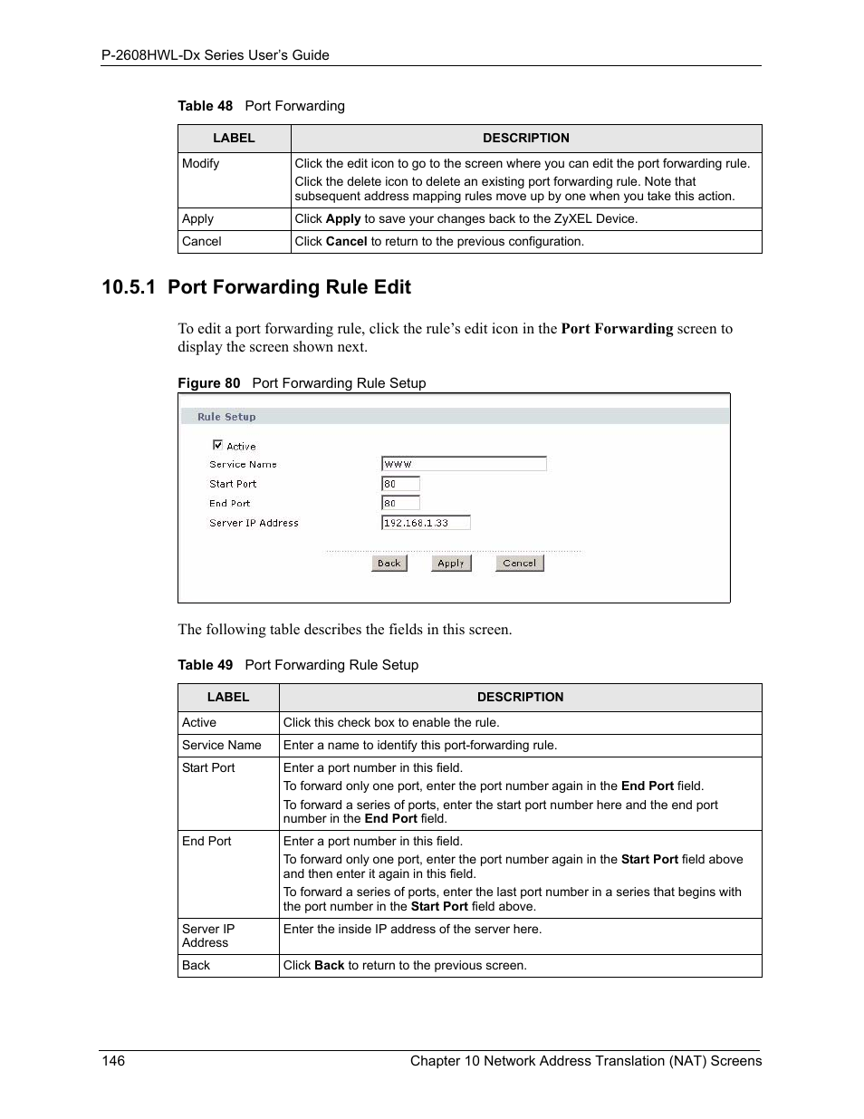 1 port forwarding rule edit, Figure 80 port forwarding rule setup, Table 49 port forwarding rule setup | ZyXEL Communications P-2608HWL-Dx Series User Manual | Page 146 / 451