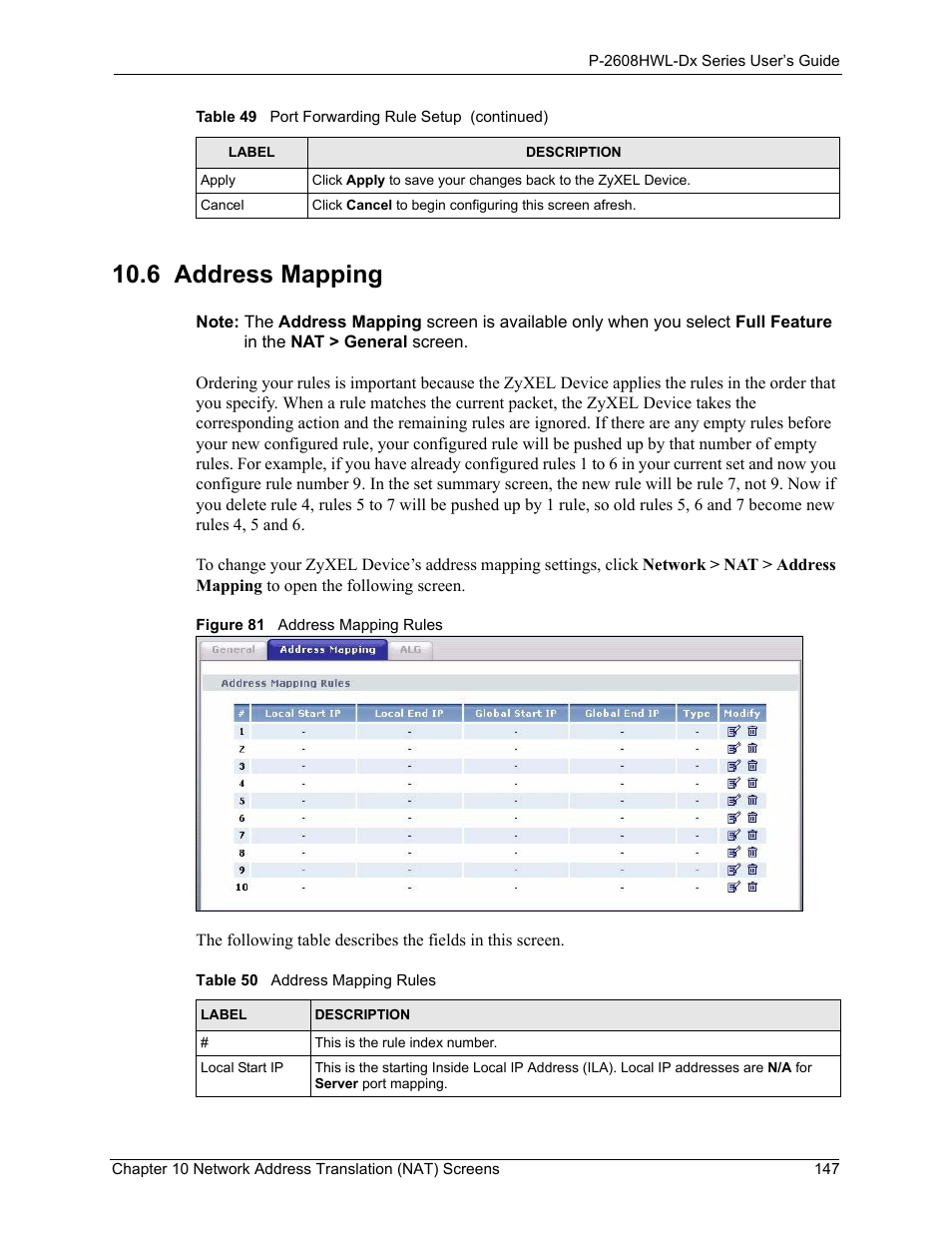 6 address mapping, Figure 81 address mapping rules, Table 50 address mapping rules | ZyXEL Communications P-2608HWL-Dx Series User Manual | Page 147 / 451
