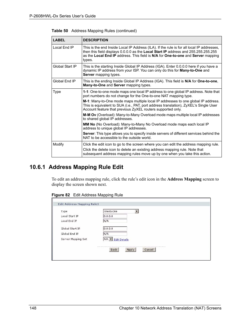 1 address mapping rule edit, Figure 82 edit address mapping rule | ZyXEL Communications P-2608HWL-Dx Series User Manual | Page 148 / 451