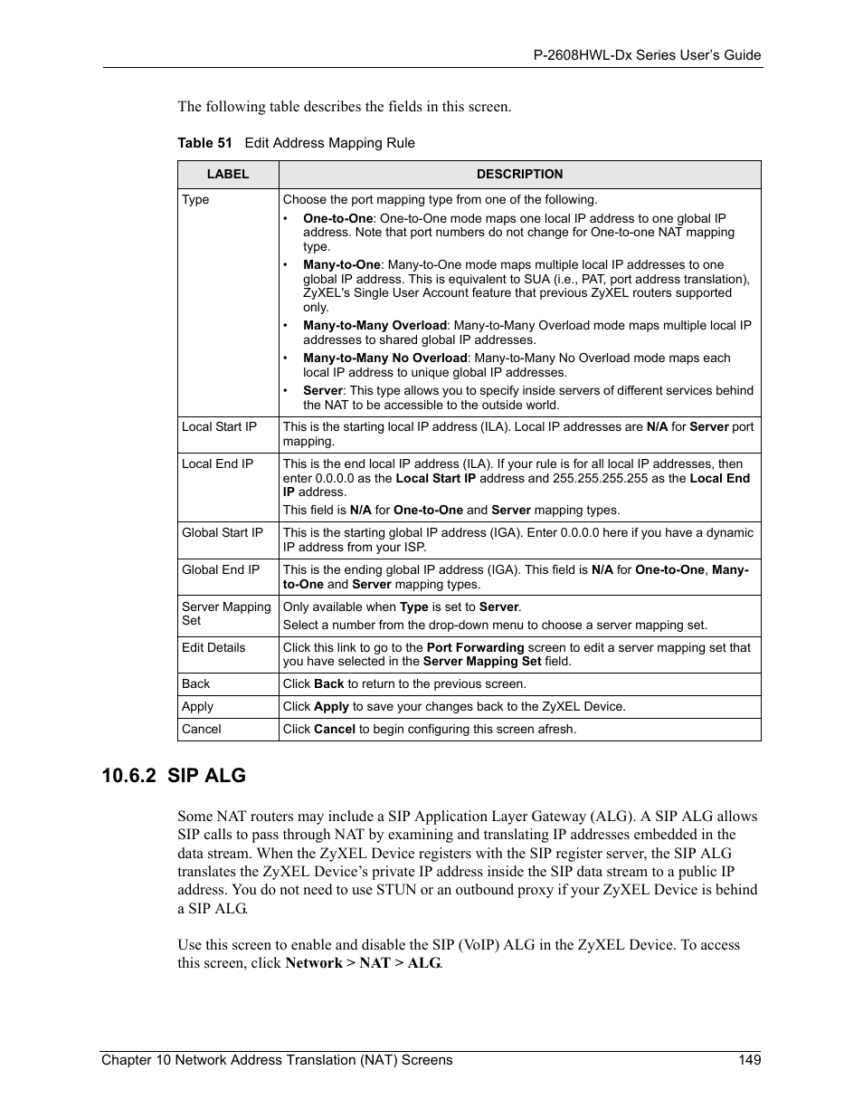 2 sip alg, Table 51 edit address mapping rule | ZyXEL Communications P-2608HWL-Dx Series User Manual | Page 149 / 451