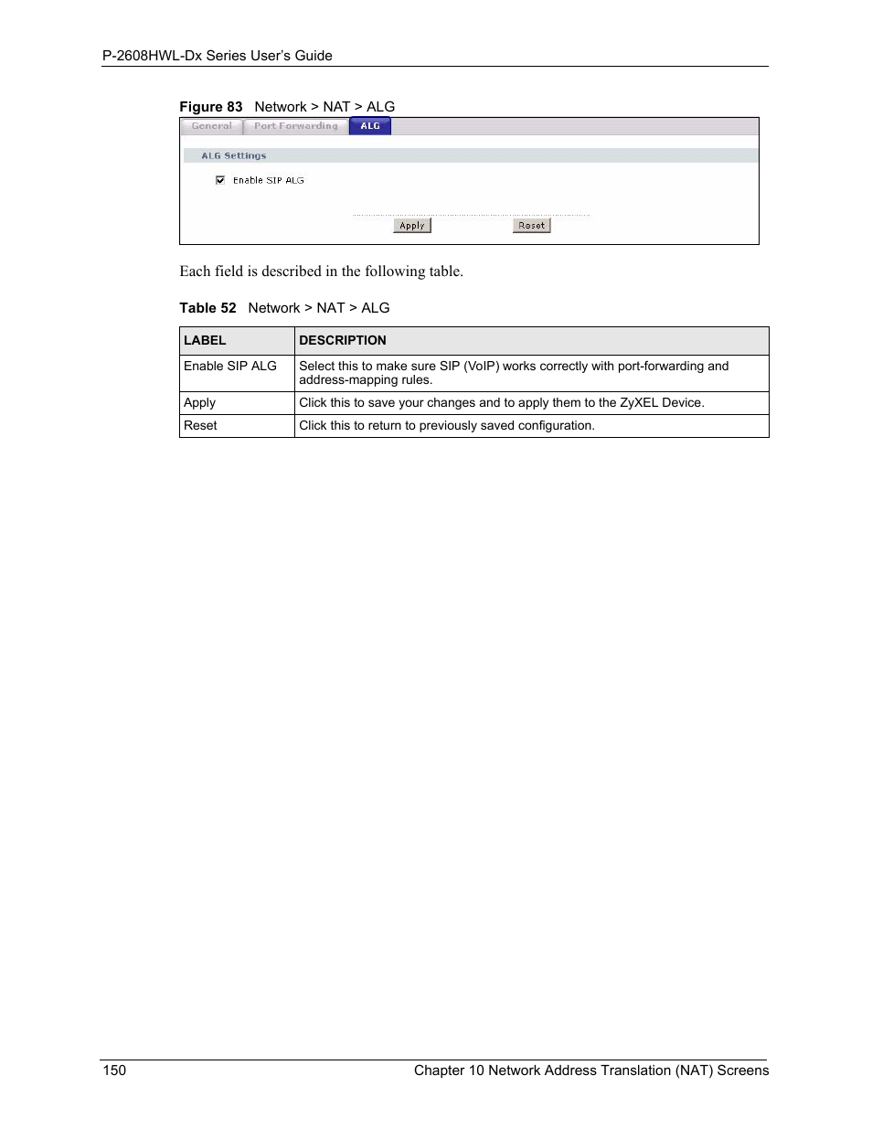 Figure 83 network > nat > alg, Table 52 network > nat > alg | ZyXEL Communications P-2608HWL-Dx Series User Manual | Page 150 / 451