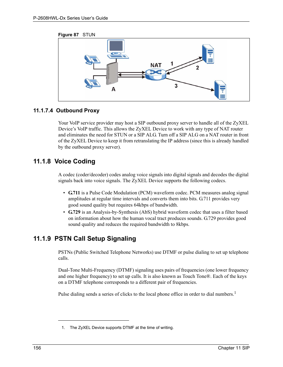 4 outbound proxy, 8 voice coding, 9 pstn call setup signaling | 8 voice coding 11.1.9 pstn call setup signaling, Figure 87 stun | ZyXEL Communications P-2608HWL-Dx Series User Manual | Page 156 / 451