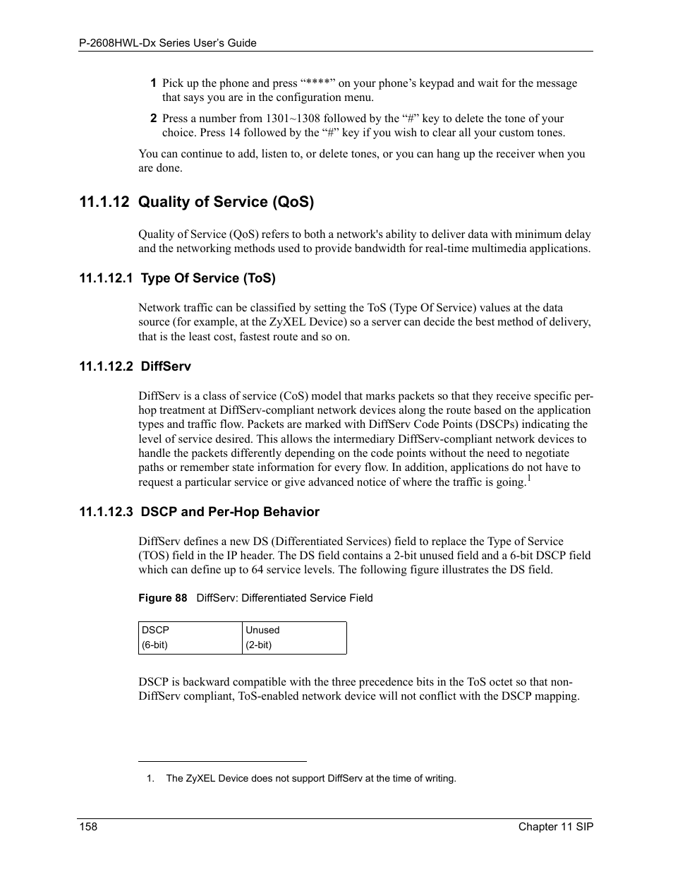 12 quality of service (qos), 1 type of service (tos), 2 diffserv | 3 dscp and per-hop behavior, Figure 88 diffserv: differentiated service field | ZyXEL Communications P-2608HWL-Dx Series User Manual | Page 158 / 451