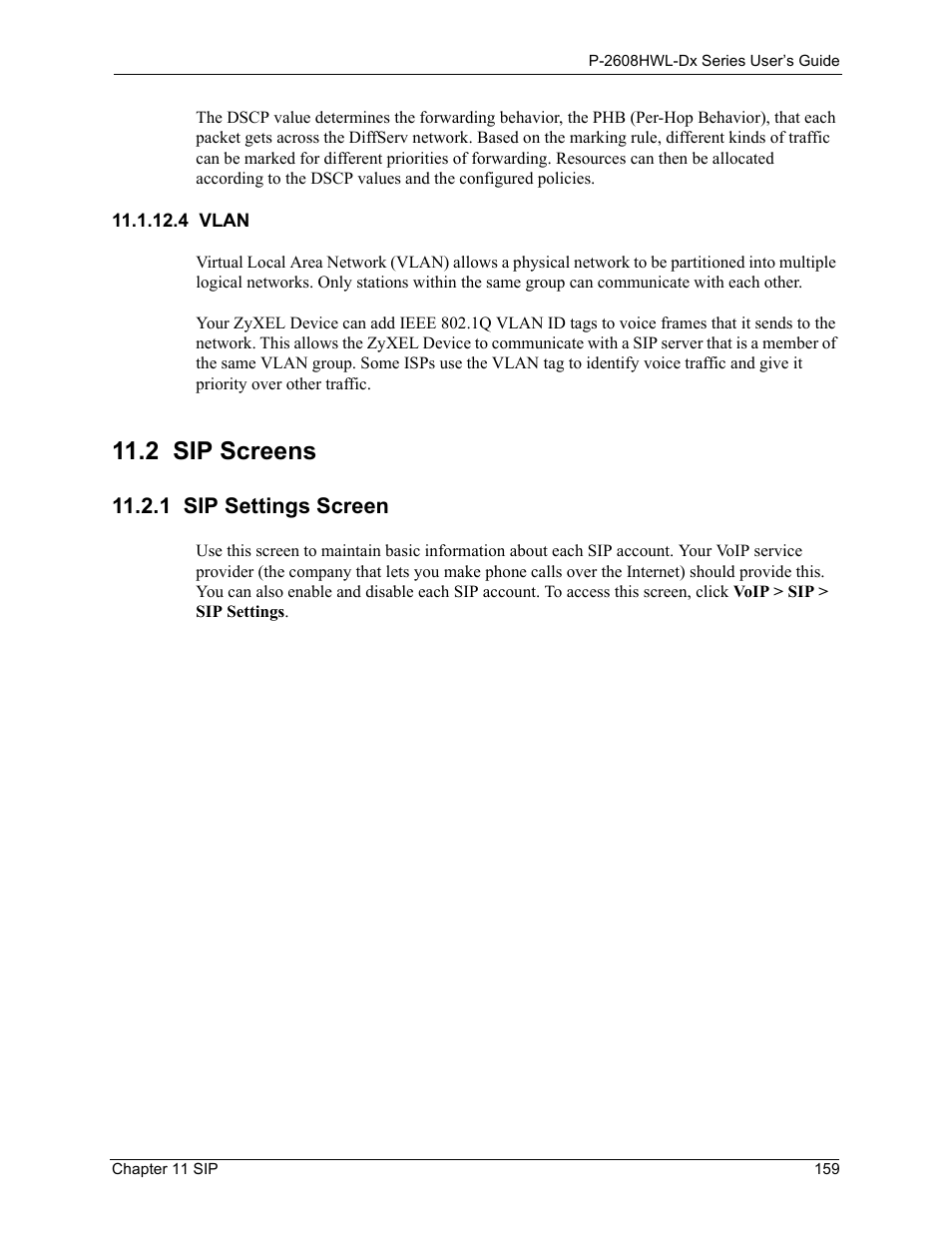 4 vlan, 2 sip screens, 1 sip settings screen | ZyXEL Communications P-2608HWL-Dx Series User Manual | Page 159 / 451