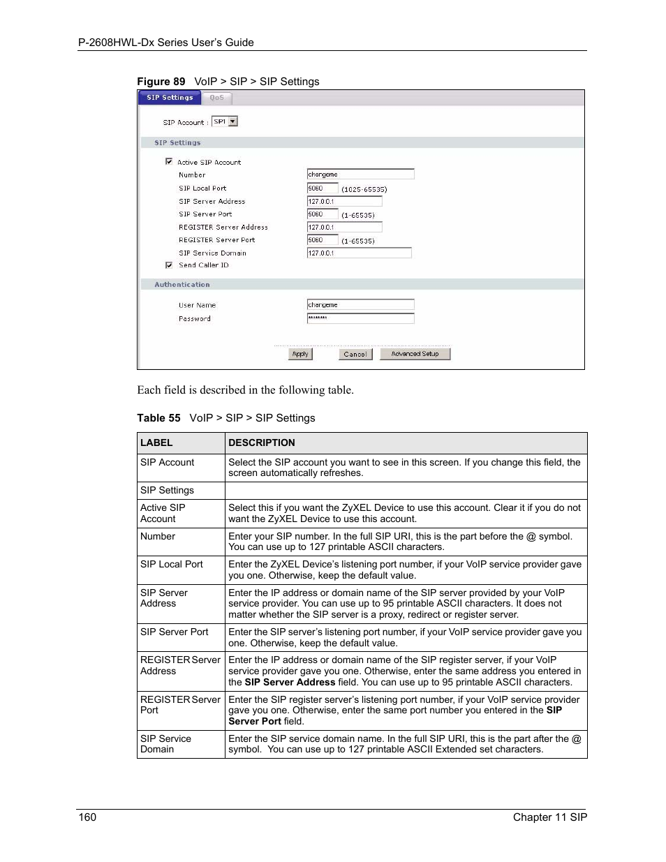 Figure 89 voip > sip > sip settings, Table 55 voip > sip > sip settings | ZyXEL Communications P-2608HWL-Dx Series User Manual | Page 160 / 451
