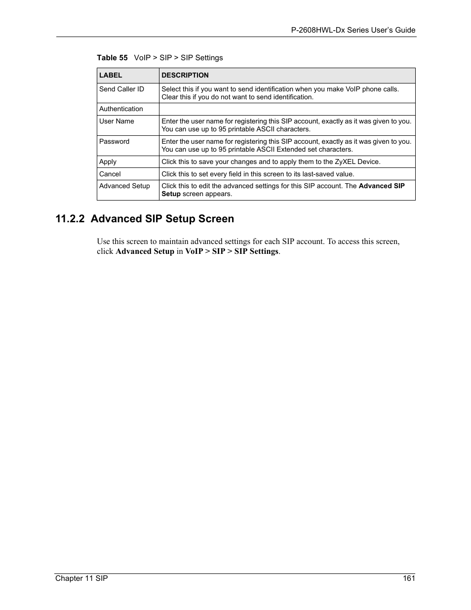 2 advanced sip setup screen | ZyXEL Communications P-2608HWL-Dx Series User Manual | Page 161 / 451