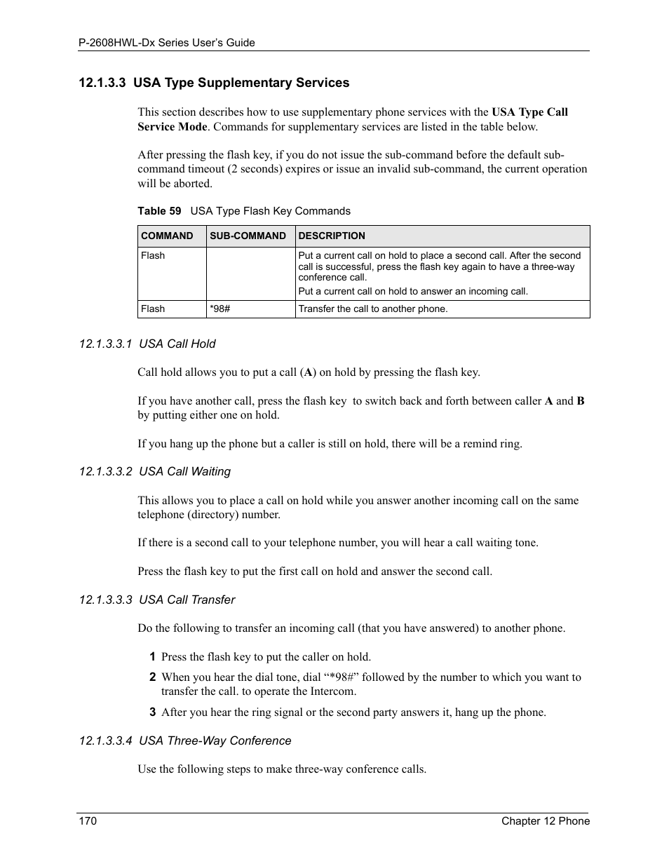 3 usa type supplementary services, Table 59 usa type flash key commands | ZyXEL Communications P-2608HWL-Dx Series User Manual | Page 170 / 451