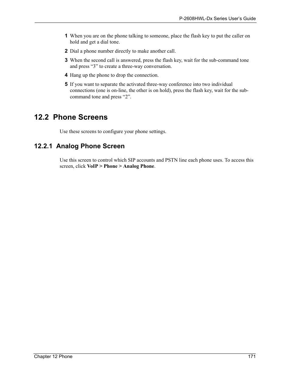 2 phone screens, 1 analog phone screen | ZyXEL Communications P-2608HWL-Dx Series User Manual | Page 171 / 451
