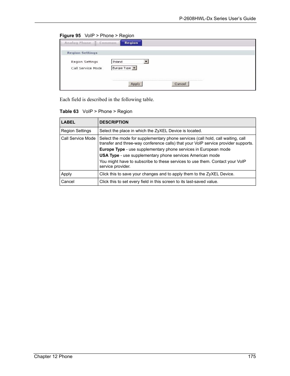 Figure 95 voip > phone > region, Table 63 voip > phone > region | ZyXEL Communications P-2608HWL-Dx Series User Manual | Page 175 / 451