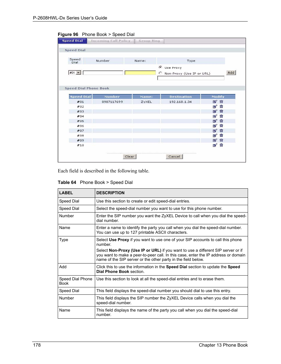 Figure 96 phone book > speed dial, Table 64 phone book > speed dial | ZyXEL Communications P-2608HWL-Dx Series User Manual | Page 178 / 451