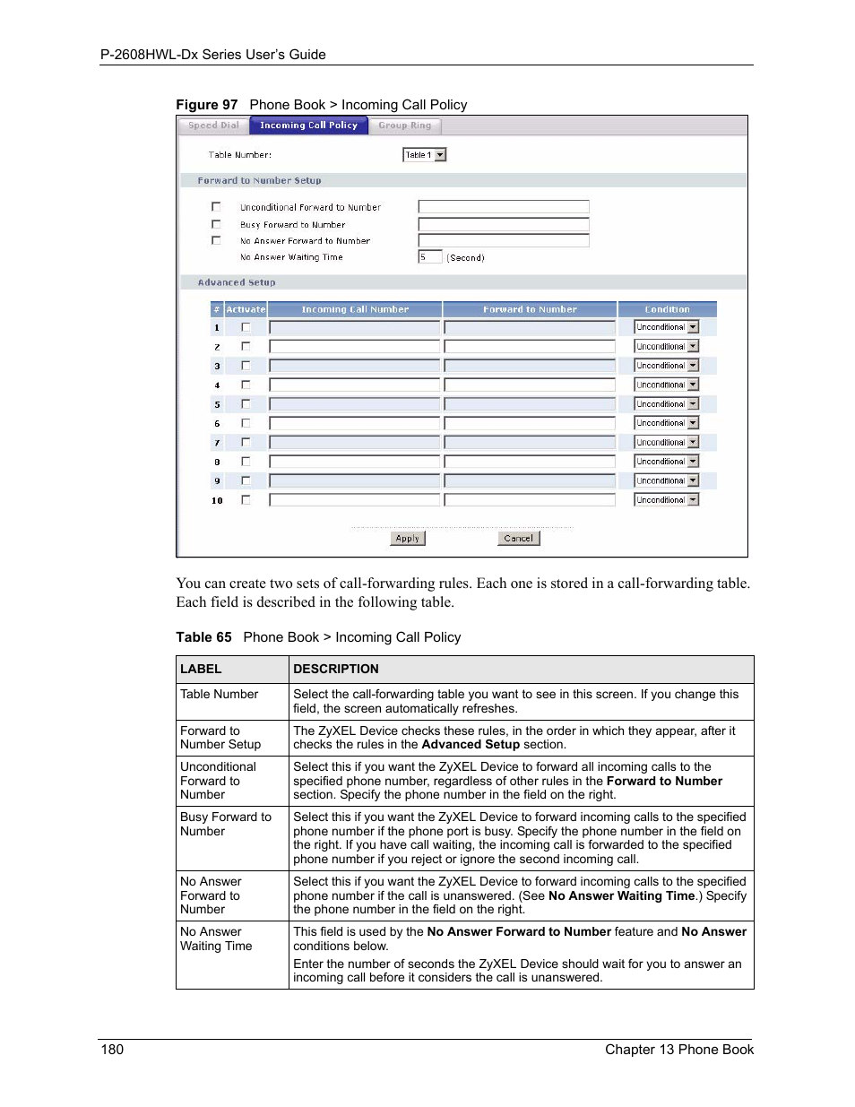 Figure 97 phone book > incoming call policy, Table 65 phone book > incoming call policy | ZyXEL Communications P-2608HWL-Dx Series User Manual | Page 180 / 451