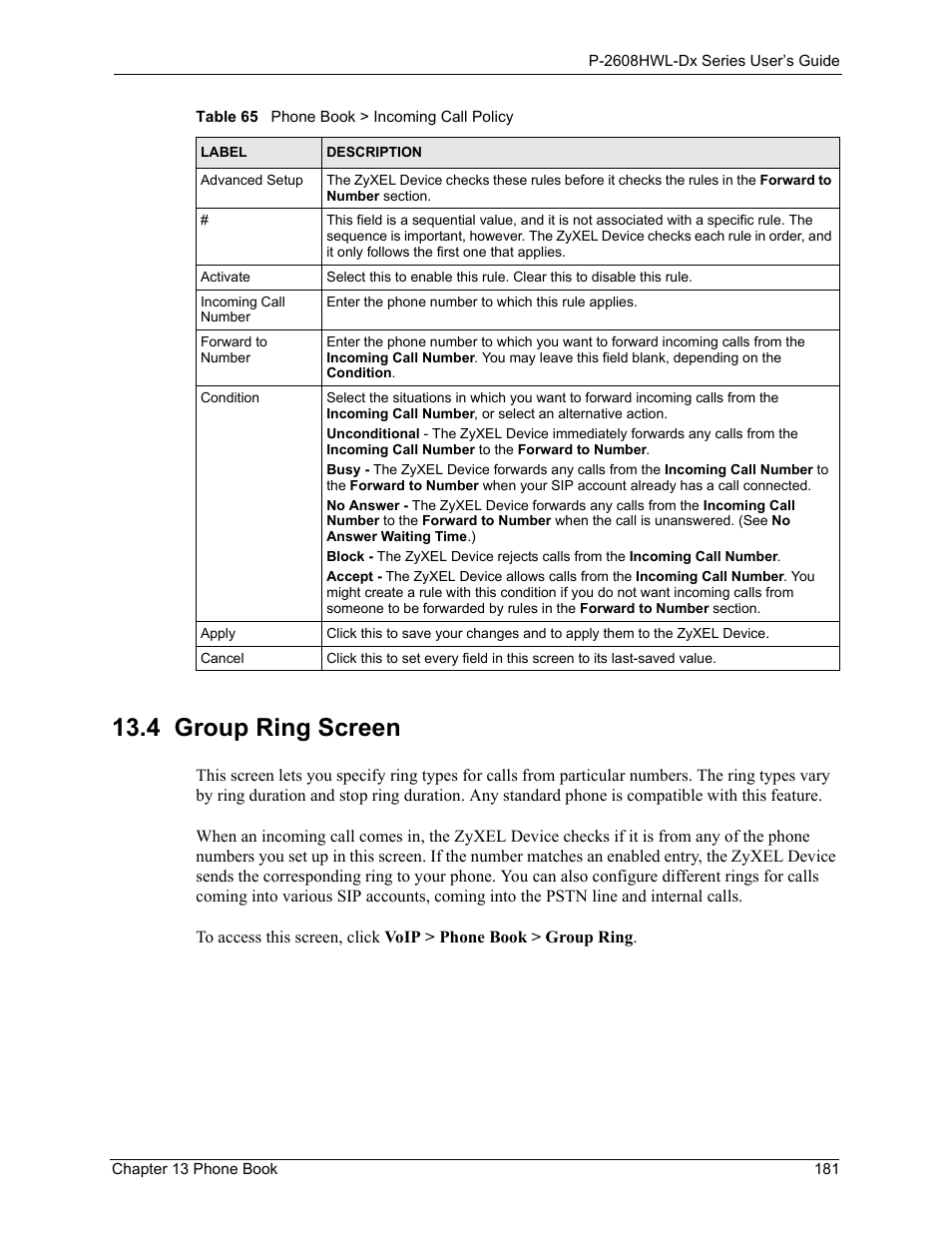4 group ring screen | ZyXEL Communications P-2608HWL-Dx Series User Manual | Page 181 / 451