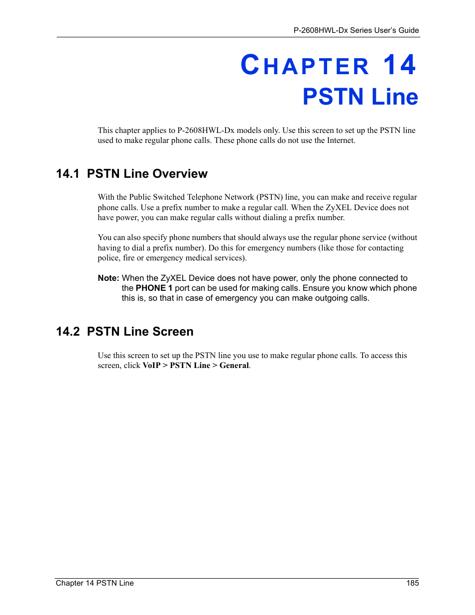 Pstn line, 1 pstn line overview, 2 pstn line screen | Chapter 14 pstn line, 1 pstn line overview 14.2 pstn line screen | ZyXEL Communications P-2608HWL-Dx Series User Manual | Page 185 / 451