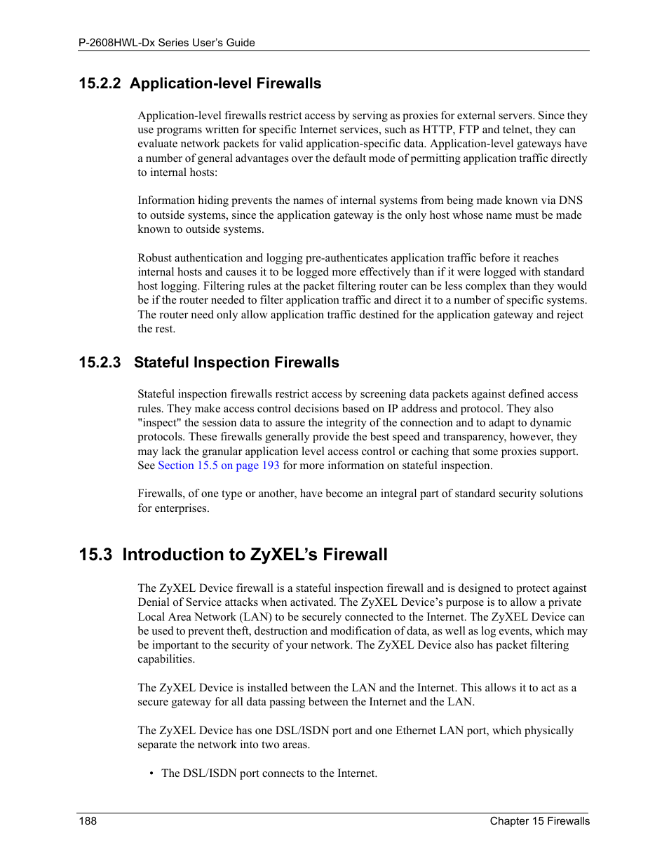 2 application-level firewalls, 3 stateful inspection firewalls, 3 introduction to zyxel’s firewall | ZyXEL Communications P-2608HWL-Dx Series User Manual | Page 188 / 451