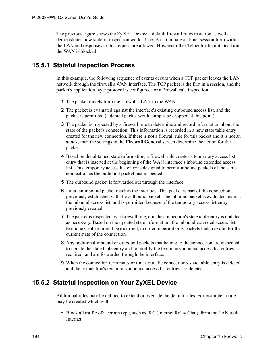 1 stateful inspection process, 2 stateful inspection on your zyxel device | ZyXEL Communications P-2608HWL-Dx Series User Manual | Page 194 / 451