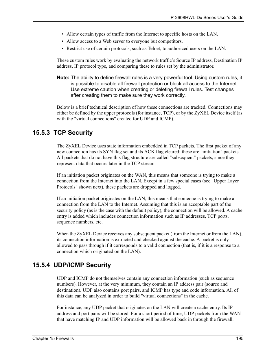 3 tcp security, 4 udp/icmp security, 3 tcp security 15.5.4 udp/icmp security | ZyXEL Communications P-2608HWL-Dx Series User Manual | Page 195 / 451