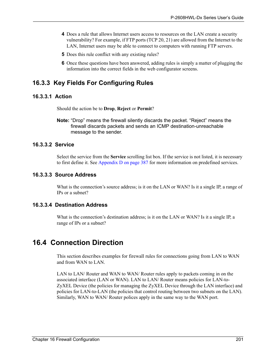 3 key fields for configuring rules, 1 action, 2 service | 3 source address, 4 destination address, 4 connection direction | ZyXEL Communications P-2608HWL-Dx Series User Manual | Page 201 / 451