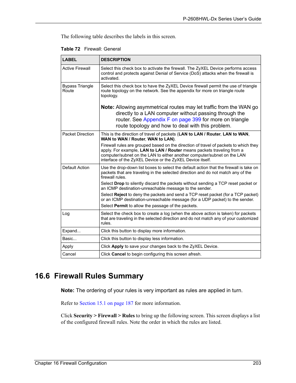 6 firewall rules summary, Table 72 firewall: general, Refer to | To view firewall rules | ZyXEL Communications P-2608HWL-Dx Series User Manual | Page 203 / 451