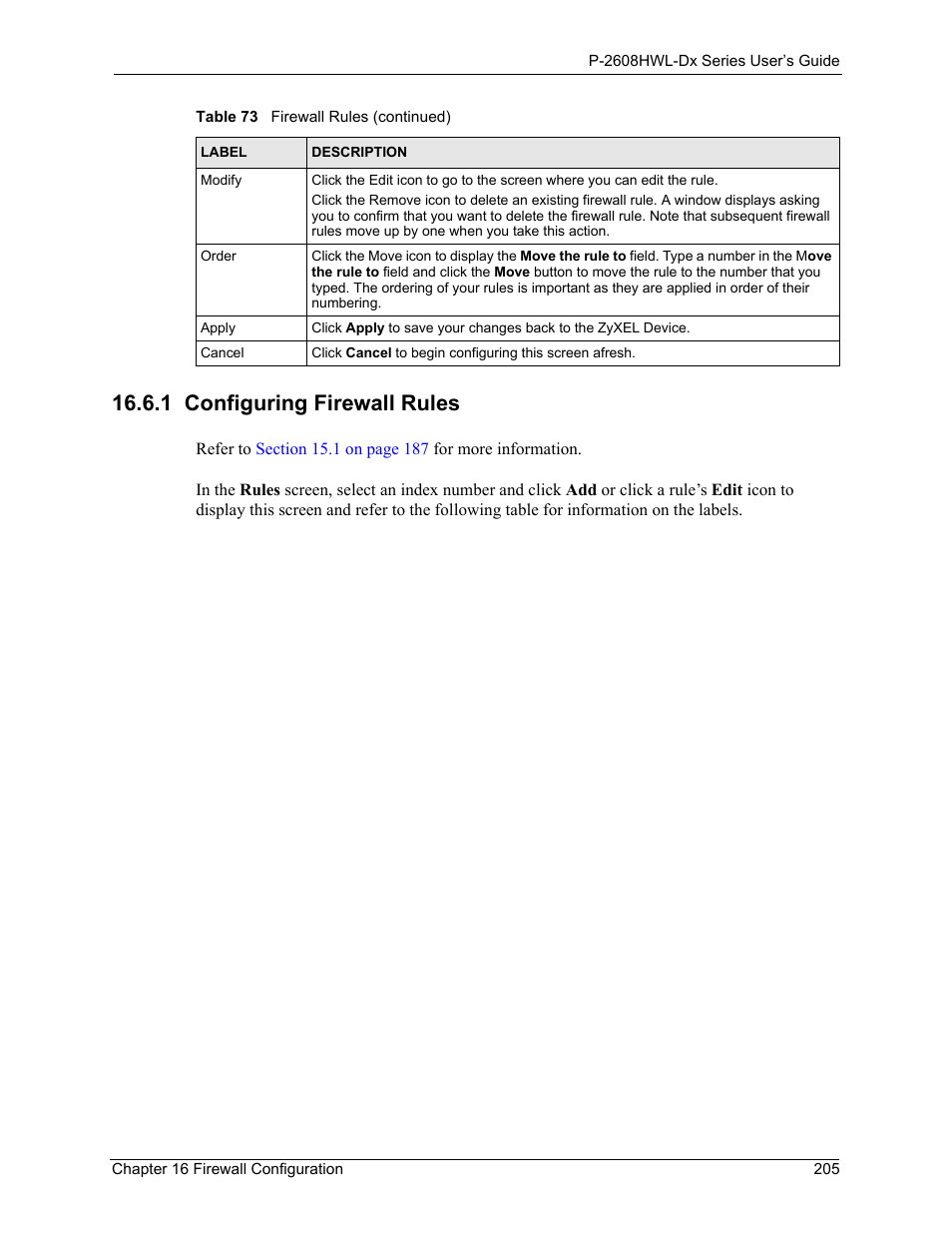 1 configuring firewall rules, Refer to | ZyXEL Communications P-2608HWL-Dx Series User Manual | Page 205 / 451