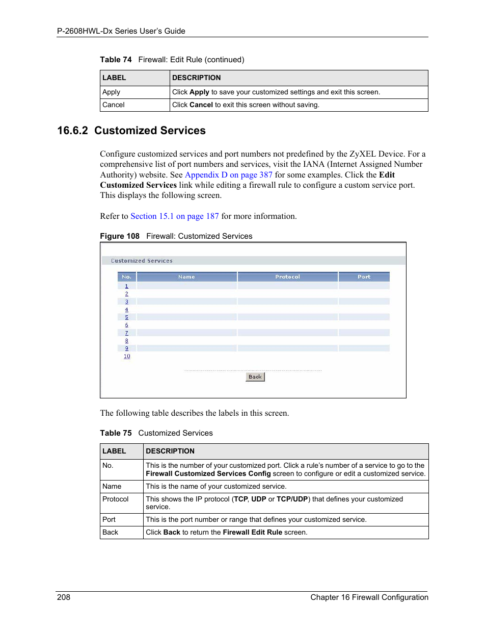 2 customized services, Figure 108 firewall: customized services, Table 75 customized services | Refer to | ZyXEL Communications P-2608HWL-Dx Series User Manual | Page 208 / 451